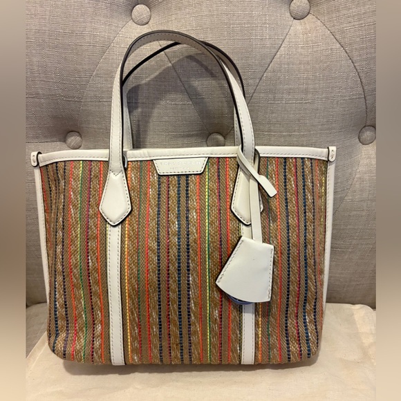Tory Burch Handbags - Tory Burch Multicolor Striped Tote with White Trim NWOT
